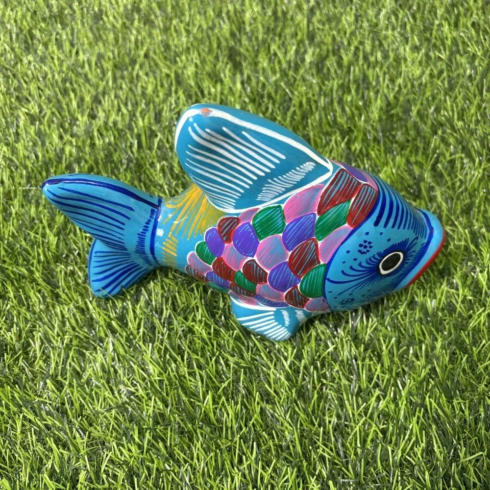 Vintage Hand Painted Ceramic Fish‎ Figurine Colorful Folk Art Coastal Decor